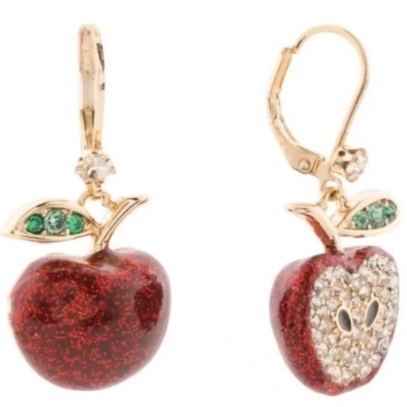 BETSEY JOHNSON 'Back to School' Glittery Red Apple Dangle Mismatch Earrings NWT - Picture 6 of 6